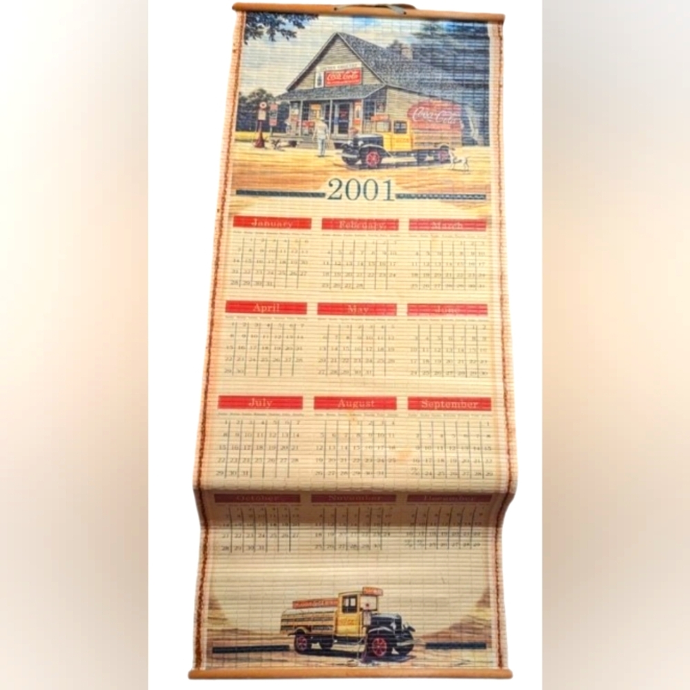 Coca Cola 2001 / 2002 Double Sided Bamboo Scroll Calendar W/ Box VINTAGE